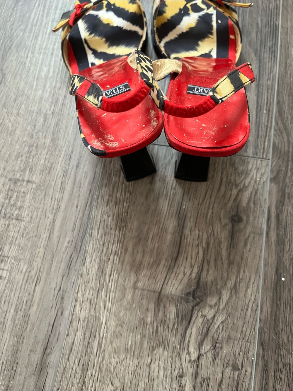 Stuart Weitzman Red and Animal-Print Block Heel Sandals